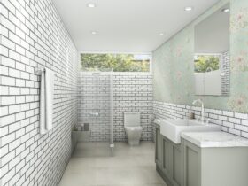 3d rendering white brick style with wallpaper bathroom and restroom