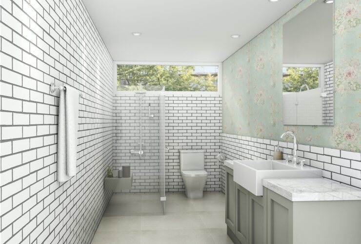 3d rendering white brick style with wallpaper bathroom and restroom