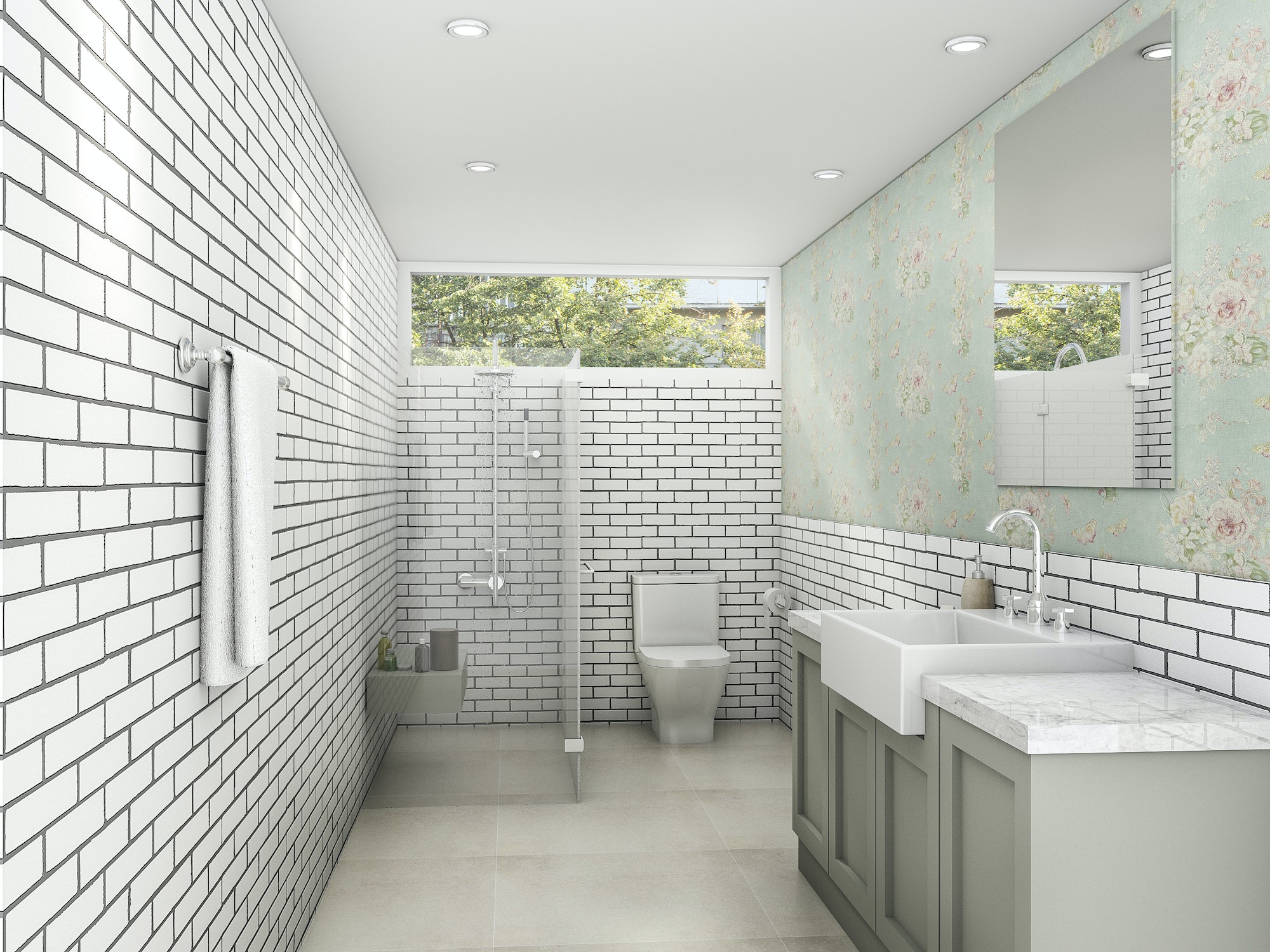 3d rendering white brick style with wallpaper bathroom and restroom