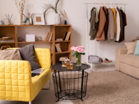 Domestic room interior with couches, shelves, small table and rack with clothes
