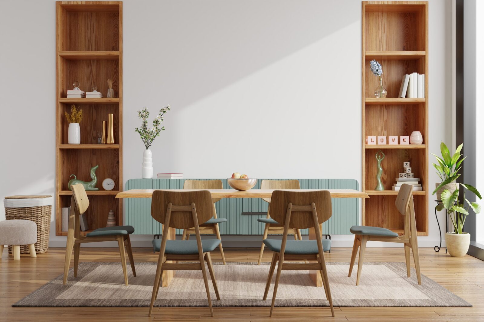 Modern dining room interior design with white wall