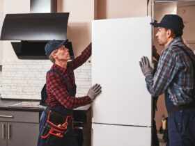 Moving again. Young men mechanics moving refrigerator