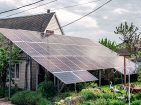Solar system, solar panels near the house.