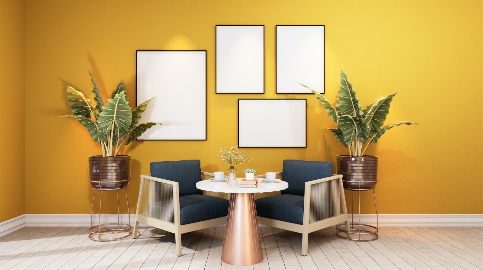 Stylish interior design of dining room with table chair, tropical plant in ceramic pot