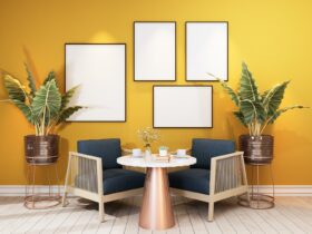 Stylish interior design of dining room with table chair, tropical plant in ceramic pot