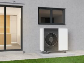 Air heat pump standing outdoors. Modern, environmentally friendly heating