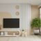 Living room with tv on cabinet in the two tone color wall,Japandi style