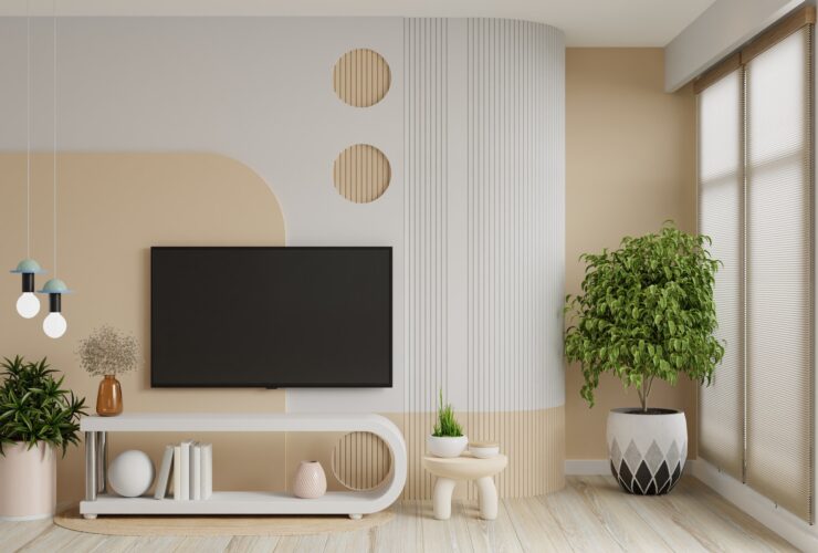Living room with tv on cabinet in the two tone color wall,Japandi style