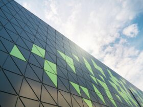 Modern building detail at blue sky.