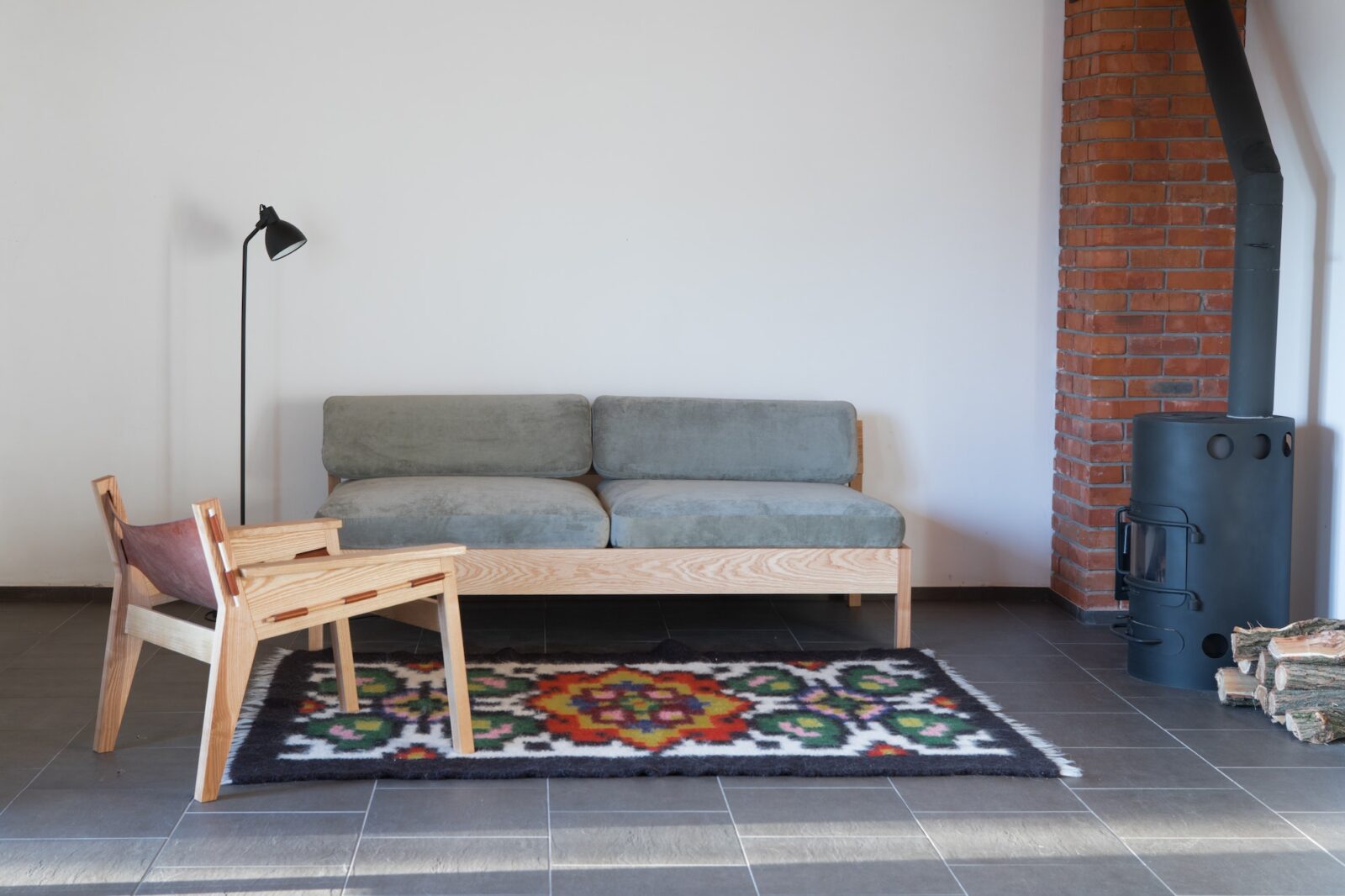 Modern minimalist living room interior mock up with white sofa wooden furniture, gray living room in