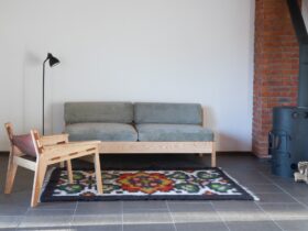 Modern minimalist living room interior mock up with white sofa wooden furniture, gray living room in
