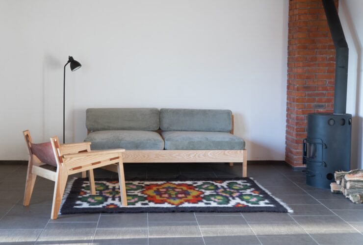 Modern minimalist living room interior mock up with white sofa wooden furniture, gray living room in