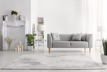 Plants and carpet in white living room interior with candles nex