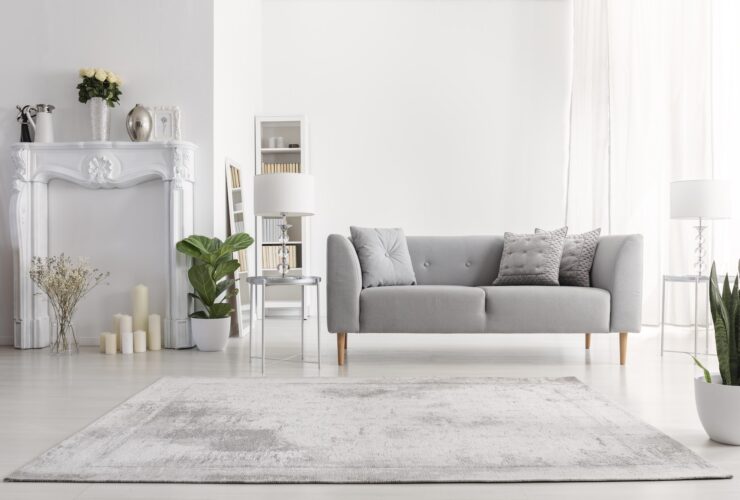 Plants and carpet in white living room interior with candles nex