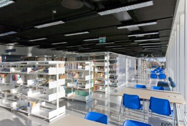 Public Library Interior, modern building with book shelves