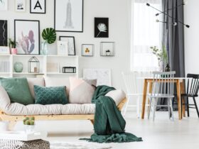 Sofa with cushions and blanket