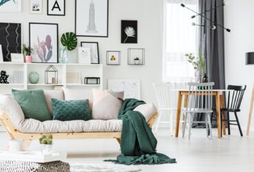 Sofa with cushions and blanket