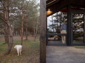Woman looks out the window at house in nature