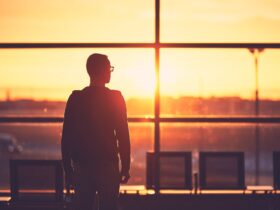 Airport terminal at the sunset