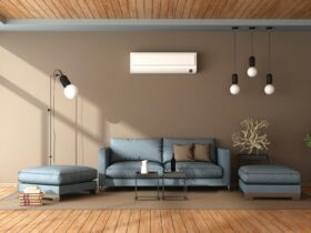 Blue and brown living room with air conditioner