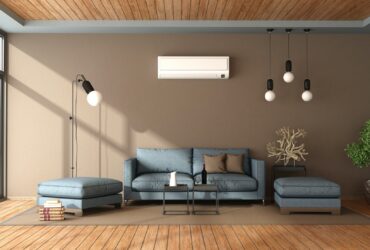 Blue and brown living room with air conditioner