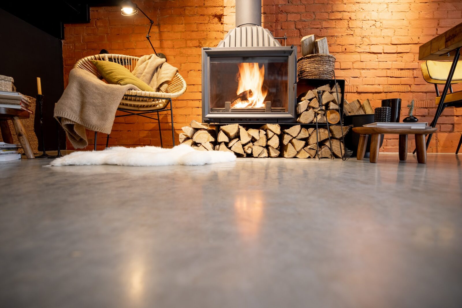 Burning fireplace with firewood at home