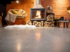 Burning fireplace with firewood at home