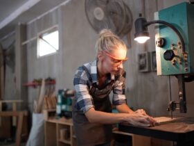 Carpenters Assembling Furniture, Small business in wood DIY workplace office background
