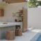 Modern contemporary pool villa exterior with swimming pool, outdoor kitchen cooking space