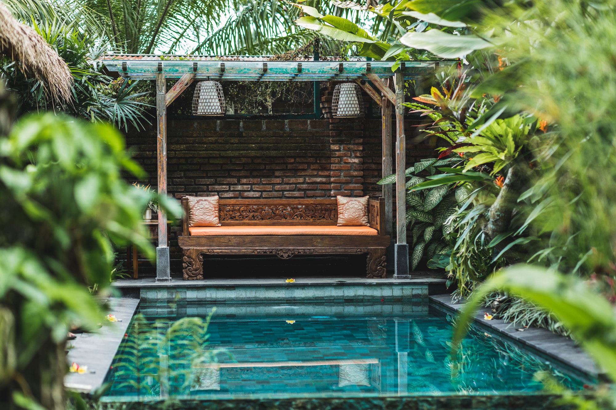 Small private swimming pool in Bali house. Green tropical plants around, wooden sofa.