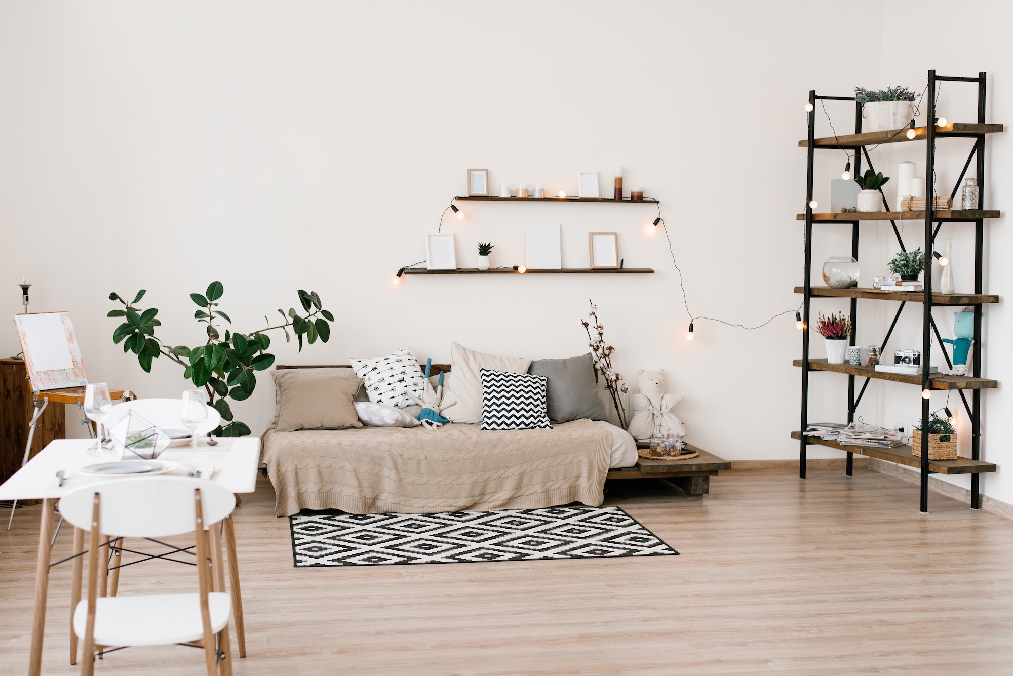 Stylish scandinavian living room with furniture, plants. Modern decor of bright room