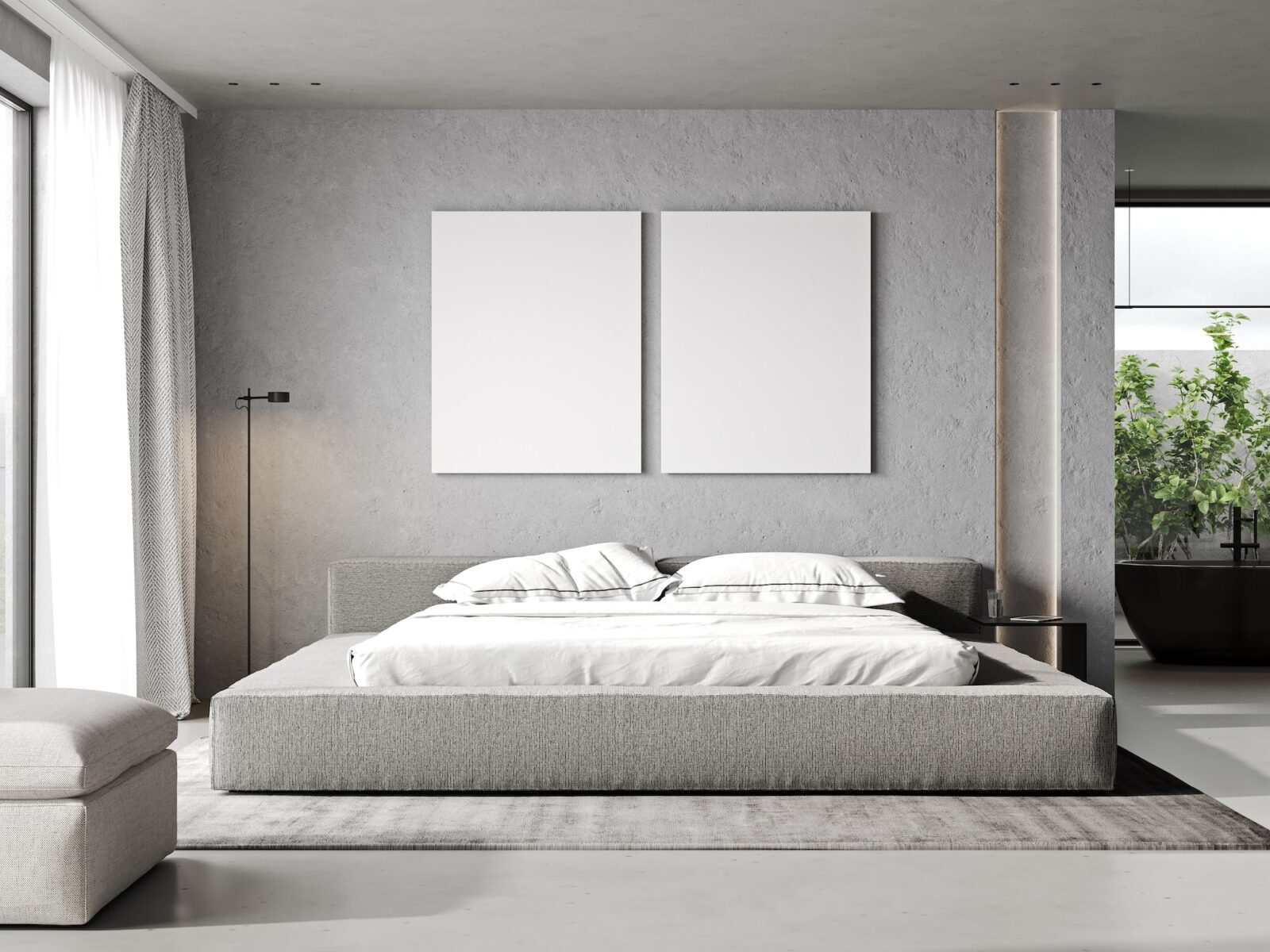 Two poster frames mockup in minimalist bedroom interior, gray tones, 3d rendering