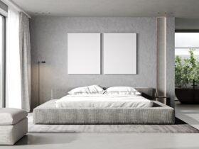 Two poster frames mockup in minimalist bedroom interior, gray tones, 3d rendering