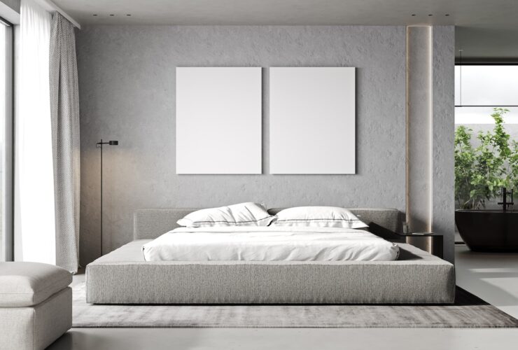 Two poster frames mockup in minimalist bedroom interior, gray tones, 3d rendering
