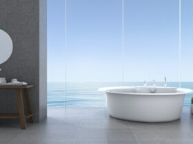 3d rendering bright minimal bathroom near beach