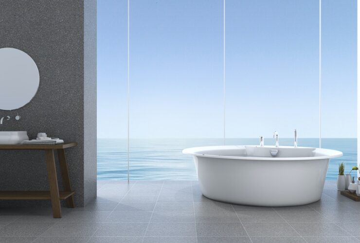 3d rendering bright minimal bathroom near beach