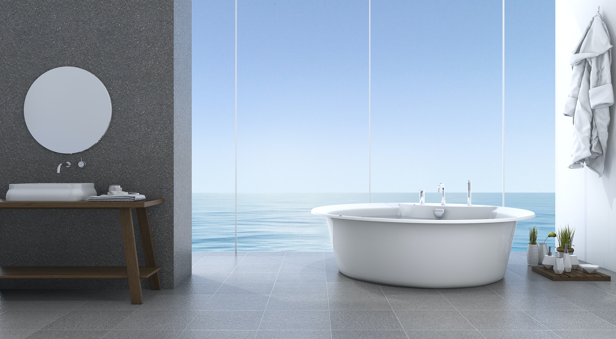 3d rendering bright minimal bathroom near beach