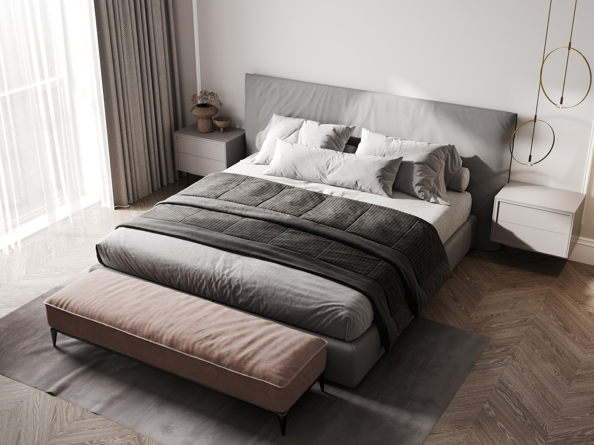 3d rendering of a grey elegant Scandinavian style bedroom