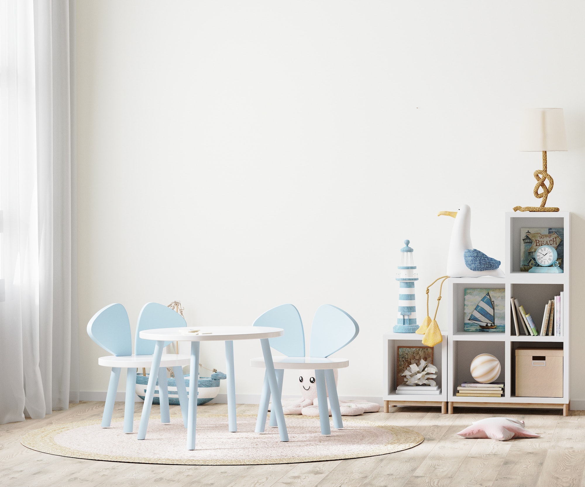 Bright children's room with kids table and shelves near window, kids furniture, kids room
