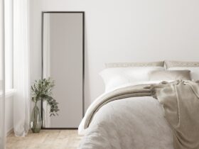 home interior, scandinavian style bedroom mock up, bed close up, 3d rendering