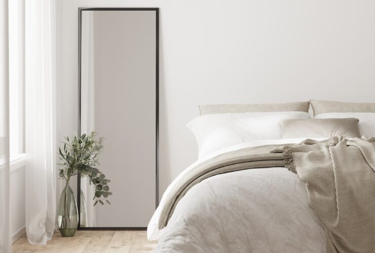 home interior, scandinavian style bedroom mock up, bed close up, 3d rendering