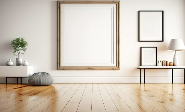 Mock up frame on white wall in minimal living room with wooden floor. Generative AI