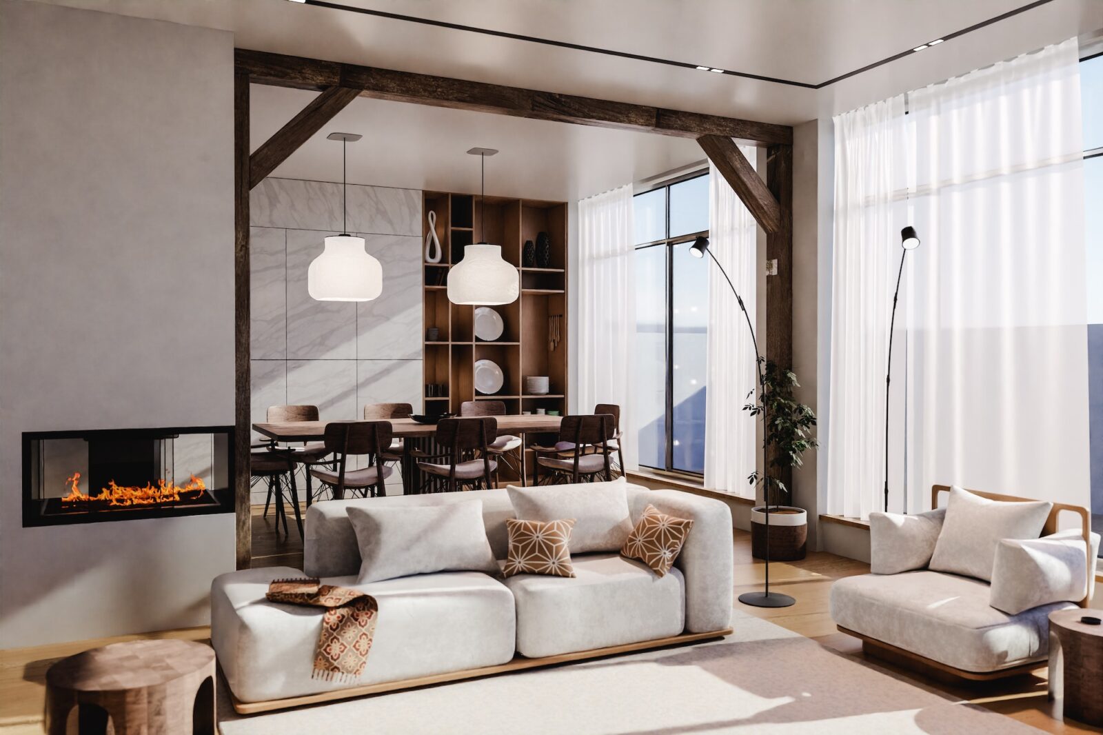 Open space living room and dining room