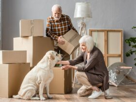 senior woman petting dog in new house while husband holding cardboard box