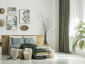 Window with khaki curtain