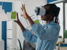 Woman architect working with vr glasses to design 3d building model for construction layout