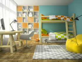 Interior of children room with bunk bed 3D rendering