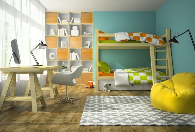 Interior of children room with bunk bed 3D rendering