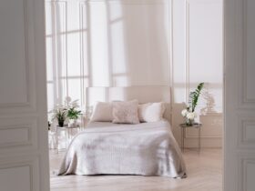 Light bedroom interior with morning sunlight