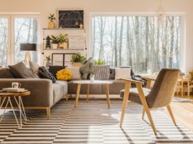 Low angle view of a scandinavian, sunlit living room interior wi